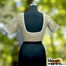  Beige with White Jamdani | Round Neck | Lace Attached Glass Sleeve