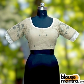  Beige with Black Jamdani | Round Neck | Lace Attached Glass Sleeve