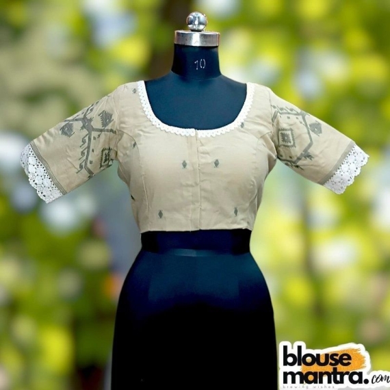  Beige with Black Jamdani | Round Neck | Lace Attached Glass Sleeve