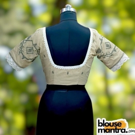  Beige with Black Jamdani | Round Neck | Lace Attached Glass Sleeve