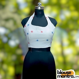  White Jamdani | Blue & Red | Halterneck Sleeveless