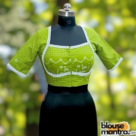  Parrot Green check Jamdani | Choli Cut Glass Sleeve