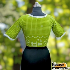  Parrot Green check Jamdani | Choli Cut Glass Sleeve
