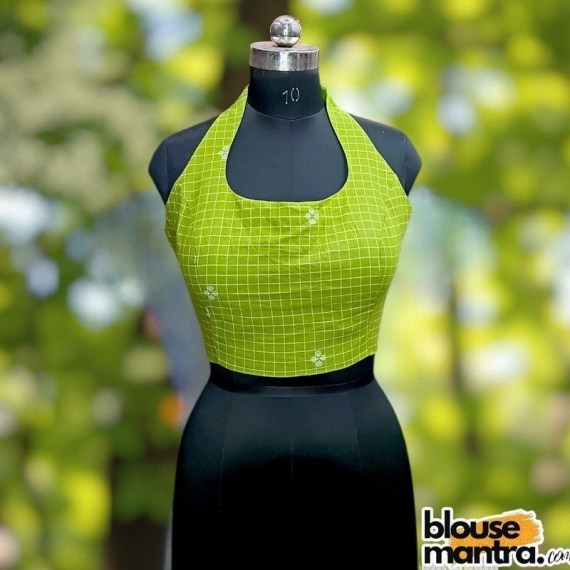  Parrot Green Check Jamdani | Halterneck Sleeveless