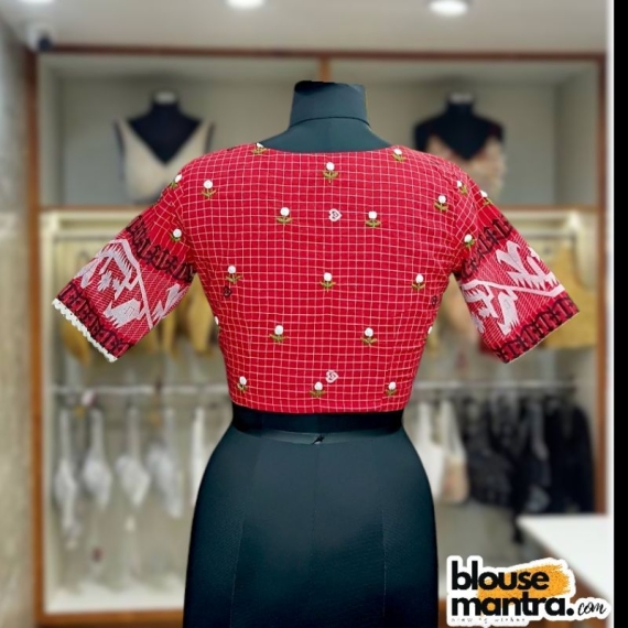 Red Check Jamdani | Floral French Knot Glass Sleeve