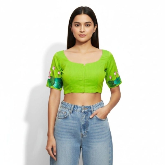 Parrot Green khadi Cotton | Lotus Paint Glass Sleeve