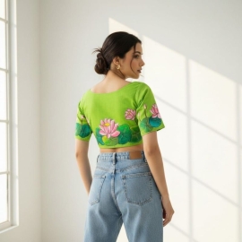 Parrot Green khadi Cotton | Lotus Paint Glass Sleeve