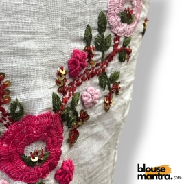 2736 White khadi Cotton | V shape Flower Embroidery Glass Sleeve