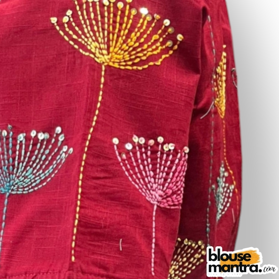 2874 Maroon Khadi Cotton | Big Flower Embroidery Glass Sleeve