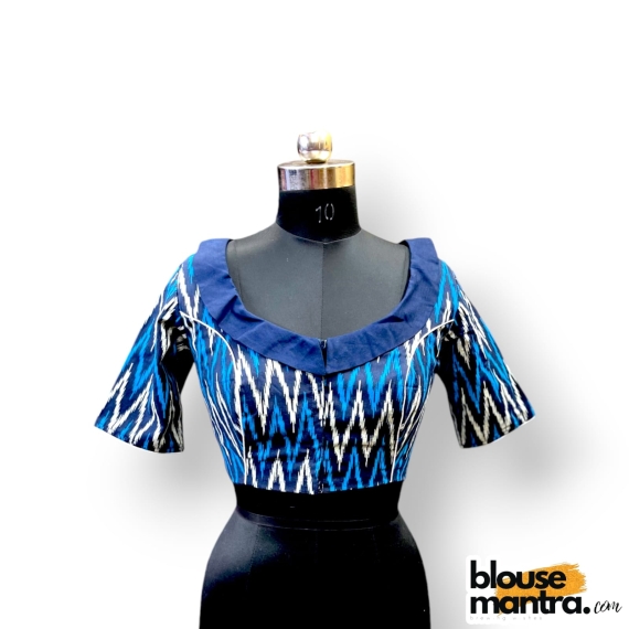 2891 Black & Blue Ikkat Print | navy blue popling on neckline