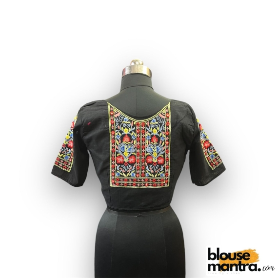 2911 Black Khadi Cotton | Square flower Embroidery on sleeves & Back