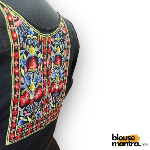 2911 Black Khadi Cotton | Square flower Embroidery on sleeves & Back