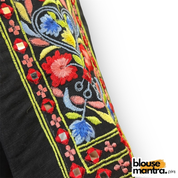 2911 Black Khadi Cotton | Square flower Embroidery on sleeves & Back