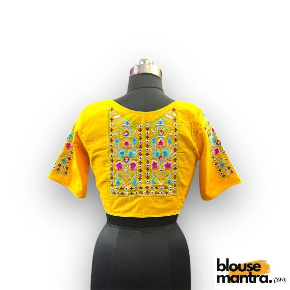 2913 Yellow  Khadi Cotton | Square flower Embroidery on sleeves & Back