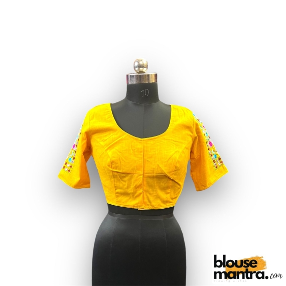 2913 Yellow  Khadi Cotton | Square flower Embroidery on sleeves & Back