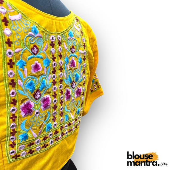 2913 Yellow  Khadi Cotton | Square flower Embroidery on sleeves & Back