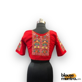 2914 Red Khadi Cotton | Square flower Embroidery on sleeves & Back