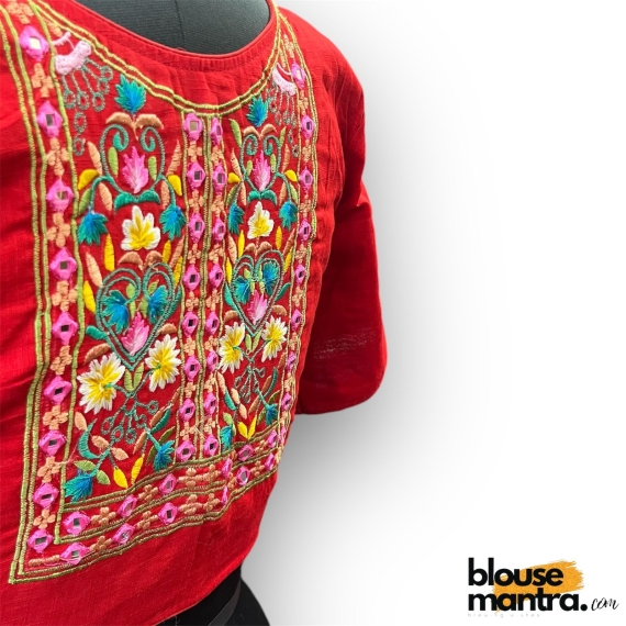 2914 Red Khadi Cotton | Square flower Embroidery on sleeves & Back