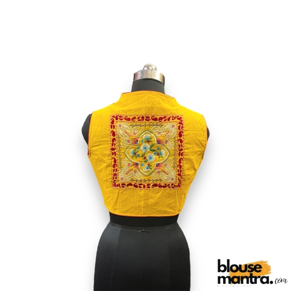 2915 Yellow Khadi Cotton | Back Square embroidery | small flower emb all over the body