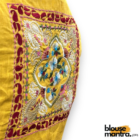 2915 Yellow Khadi Cotton | Back Square embroidery | small flower emb all over the body