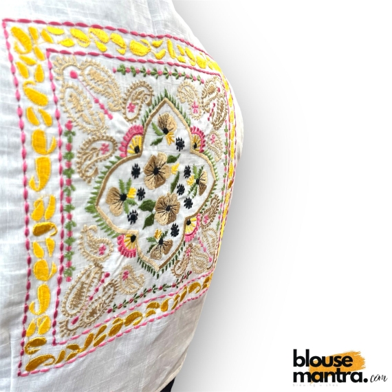 2916 White Khadi Cotton | Back Square embroidery | small flower emb all over the body