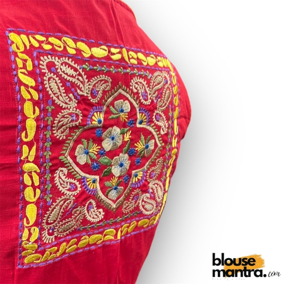 2917 Red Khadi Cotton | Back Square embroidery | small flower emb all over the body