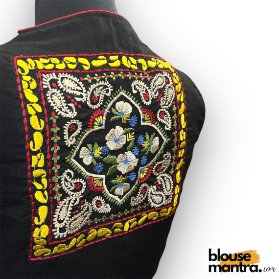 2918 Black  Khadi Cotton | Back Square embroidery | small flower emb all over the body