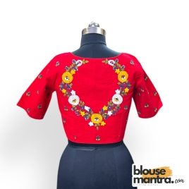 3032 	Red khadi Cotton | V shape Flower Embroidery	Glass Sleeve