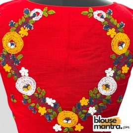 3032 	Red khadi Cotton | V shape Flower Embroidery	Glass Sleeve