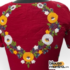 3033 	Maroon khadi Cotton | V shape Flower Embroidery	Glass Sleeve
