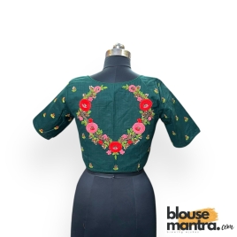3035 	Bottle Green khadi Cotton | V shape Flower Embroidery	Glass Sleeve