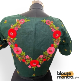 3035 	Bottle Green khadi Cotton | V shape Flower Embroidery	Glass Sleeve