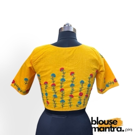 3054 	Yellow Khadi Cotton | Flower Branches Embroidery on Back	Glass Sleeve