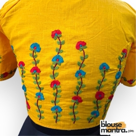 3054 	Yellow Khadi Cotton | Flower Branches Embroidery on Back	Glass Sleeve