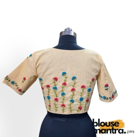 3055 	Beige Khadi Cotton | Flower Branches Embroidery on Back	Glass Sleeve