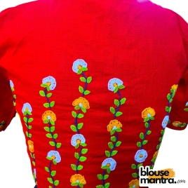 3056 	Red Khadi Cotton | Flower Branches Embroidery on Back	Glass Sleeve