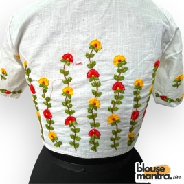 3058 	White Khadi Cotton | Flower Branches Embroidery on Back	Glass Sleeve