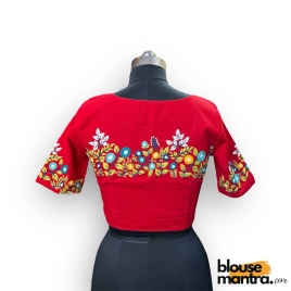 3064 	Red Khadi Cotton | Flower Embroidery on Centre 	Glass Sleeve