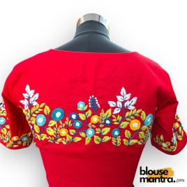 3064 	Red Khadi Cotton | Flower Embroidery on Centre 	Glass Sleeve