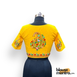 3083 	Yellow Khadi Cotton | Kolka Flower Embroidery 	Glass Sleeve