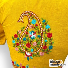 3083 	Yellow Khadi Cotton | Kolka Flower Embroidery 	Glass Sleeve