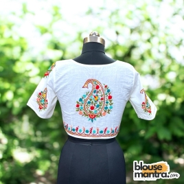 3087 	White Khadi Cotton | Kolka Flower Embroidery 	Glass Sleeve