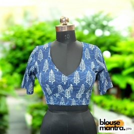 3097	 Indigo | Tulsi Manjuri Print | Front V neck | Back Drop Cut	Glass Sleeve