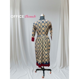 0649 | Yellow Ethnic Print Anarkali Y neck Dress 3 quarter sleeve