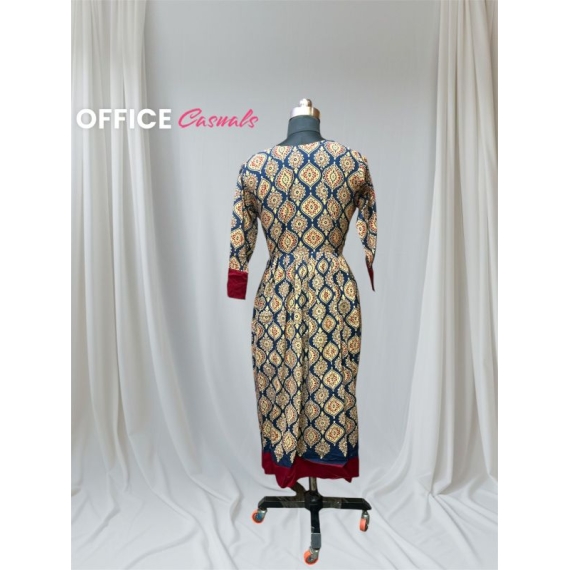 0649 | Yellow Ethnic Print Anarkali Y neck Dress 3 quarter sleeve